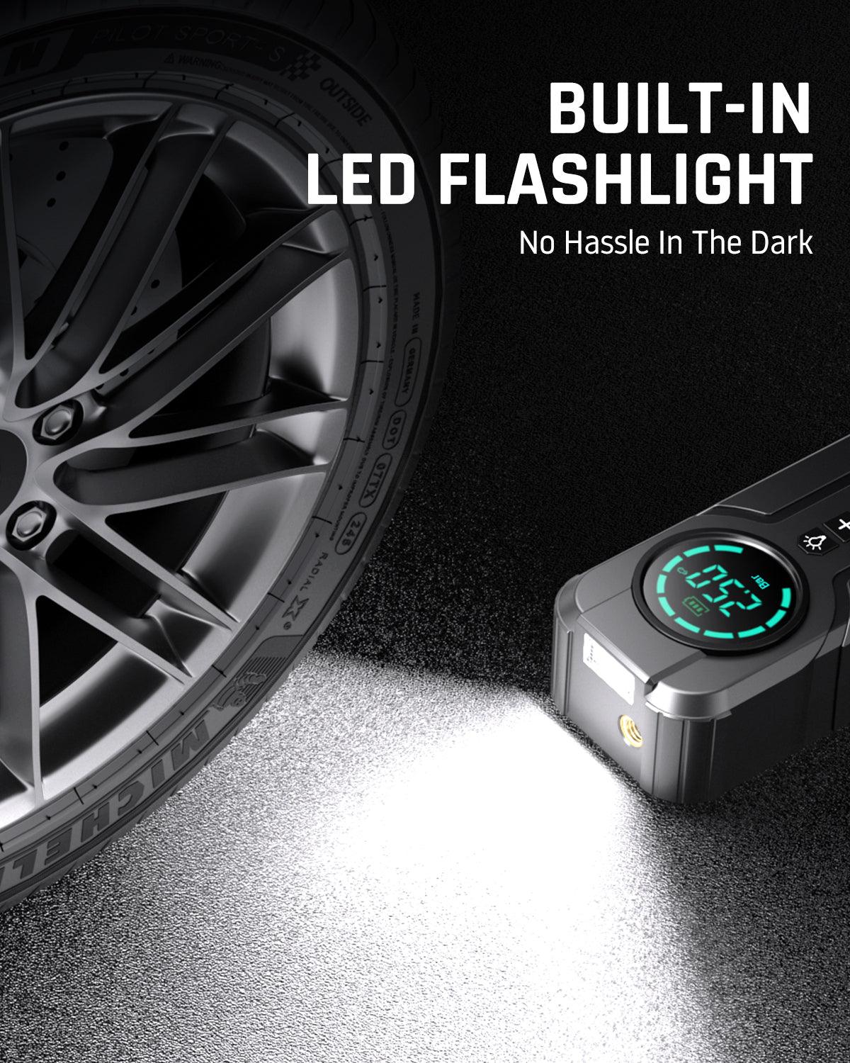 Portable Rechargeable Air Compressor with Power Bank and Flashlight - Jump Starter and Tire Pressure Gauge